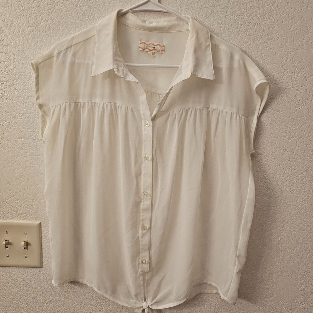 PINK ROSE Ladies Size Large - White Sheer Top - Tie at Waist - Button Front